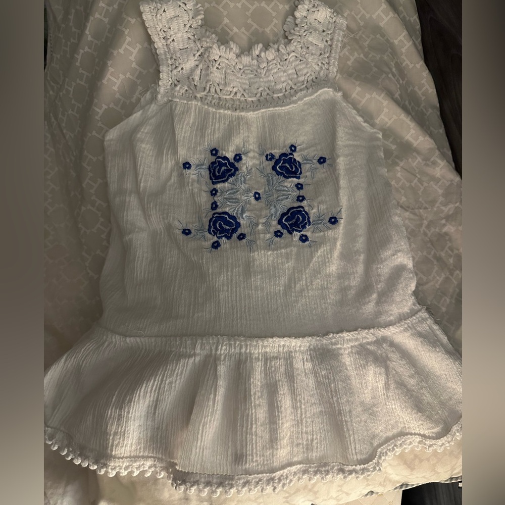 India Boutique White Tank Top with Blue Embroidery